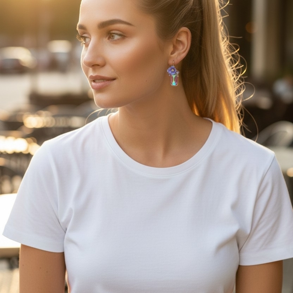 NEW Betsey Johnson Purple Lila Flower Cluster Iridescent Stone Drop Earrings NWT - Picture 3 of 3